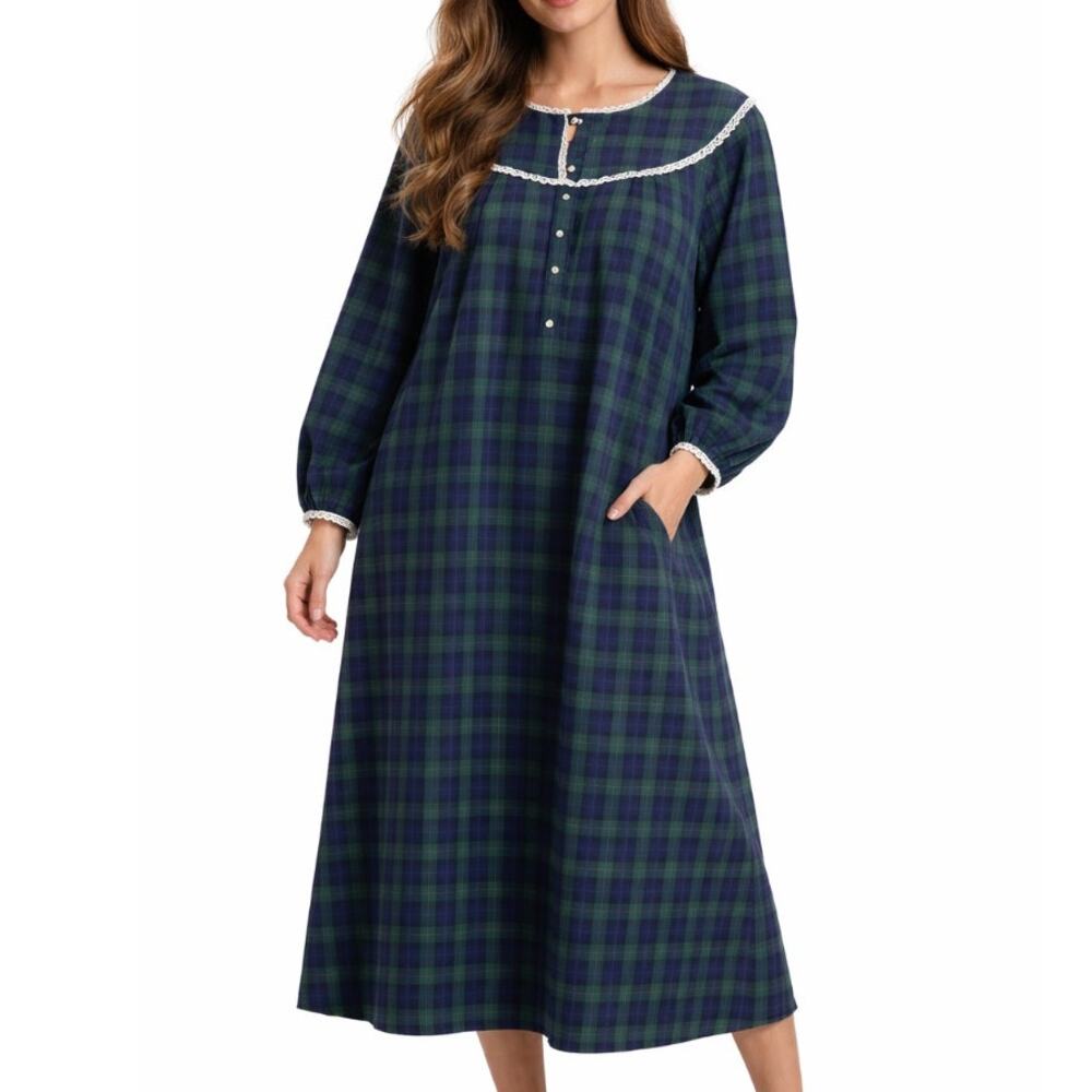 Vintage Lanz of Salzburg Plaid Flannel Prairie Nightgown Lace Trim Cottagecore L